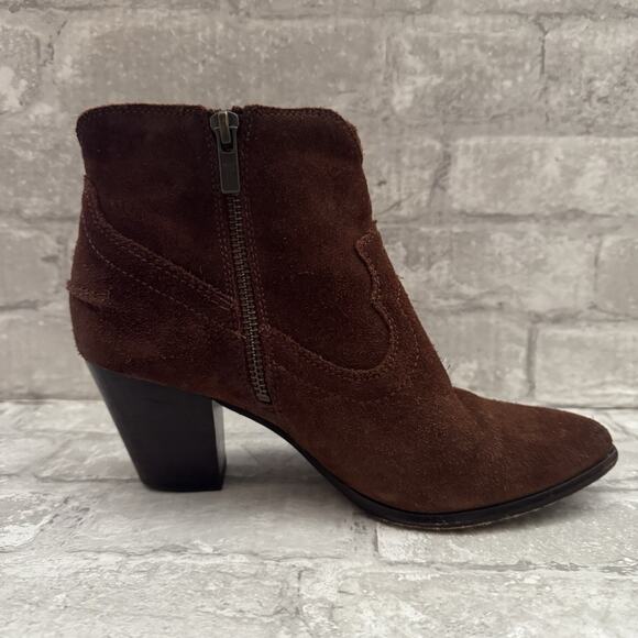 Frye Brown Suede Ankle Boots Cowboy Heeled Pointed Toe Zip Used Women's Size 6.5 - Picture 4 of 16